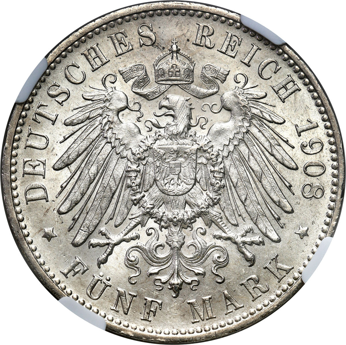 Niemcy, Wirtembergia. 5 marek 1908 F, Stuttgart NGC MS63 – PIĘKNE